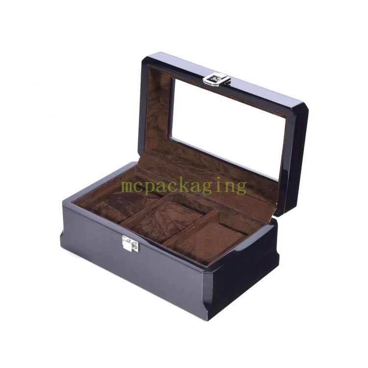 Высококачественный черный 3-слотовый дисплей, деревянный ящик для хранения упаковки часов с прозрачным окном, деревянная упаковочная коробка
