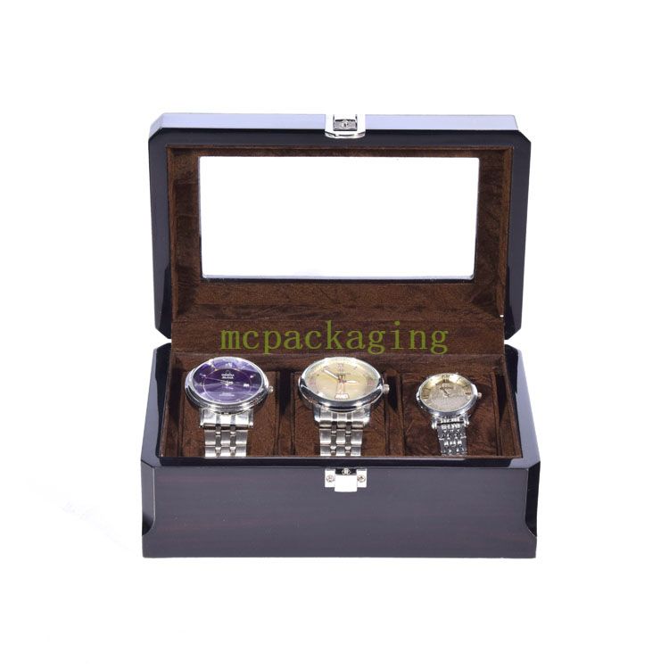Высококачественный черный 3-слотовый дисплей, деревянный ящик для хранения упаковки часов с прозрачным окном, деревянная упаковочная коробка