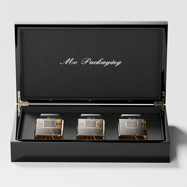 Роскошная глянцевая лакированная деревянная коробка с дизайном, похожая на коробку для духов, принимает роскошные флаконы для духов с логотипом и упаковкой коробки