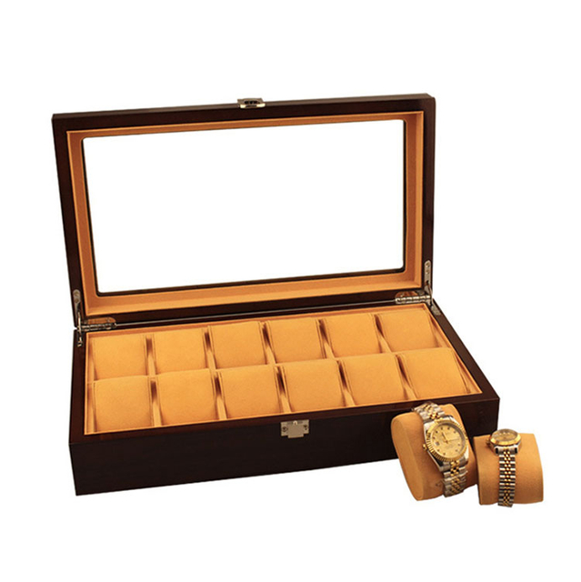 Оптовая продажа горячей продажи 12 слотов деревянный ящик для хранения часов с прозрачной крышкой