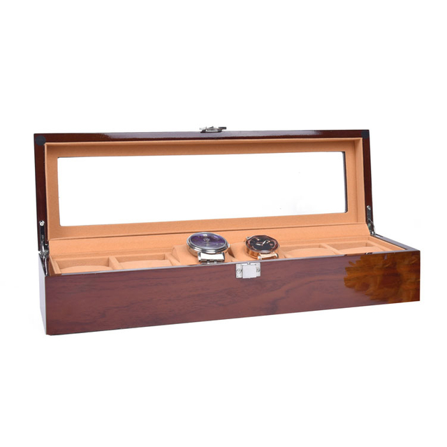 Оптовая коричневая коробка для часов с 6 слотами и прозрачным окном, деревянная коробка для часов с 6 слотами